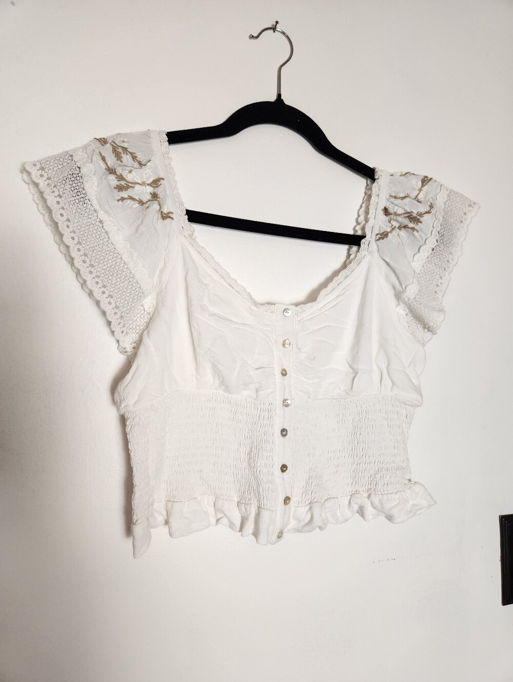 Ivy May White Smocked Crop Top With Floral Embroidery Size M